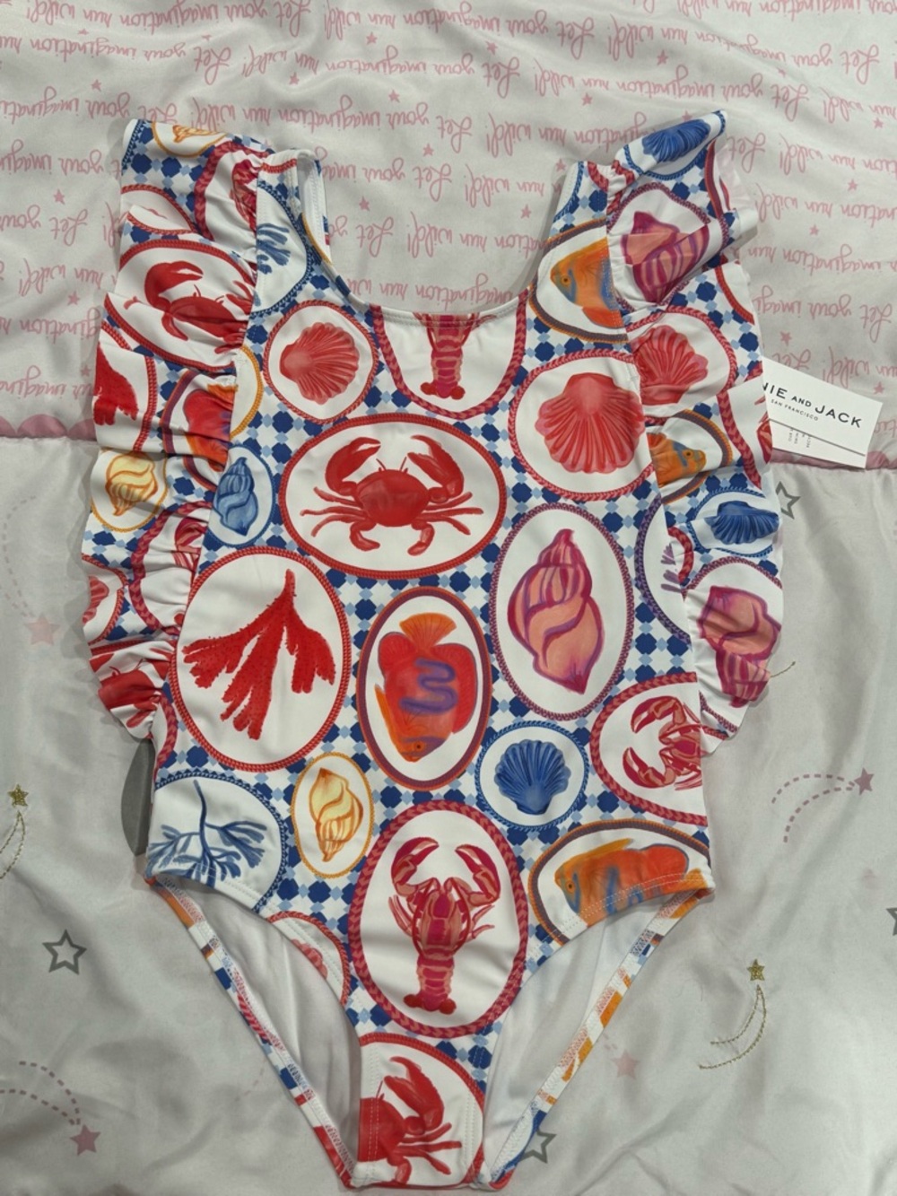 6, Janie and Jack Pink Ocean Icon Ruffle Swimsuit NWT